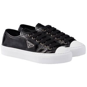 Prada Smash Naplak Black White Patent Logo Flat Low Top Trainer Sneaker 39